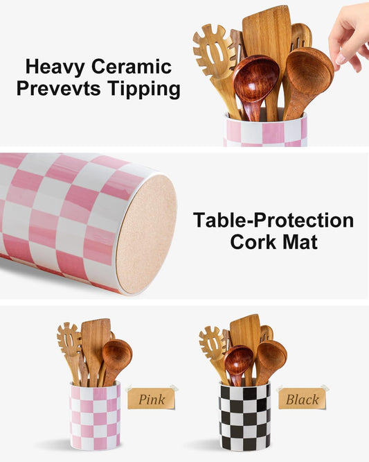 Kitchen Utensil Holder, 6.3 Inch Checkered Ceramic Cooking Utensil Holder Modern Utensil Crocks for Kitchen Counter-Farmhouse, Housewarming Gift, Decor and Accessories (Pink, 6.3 Inch)