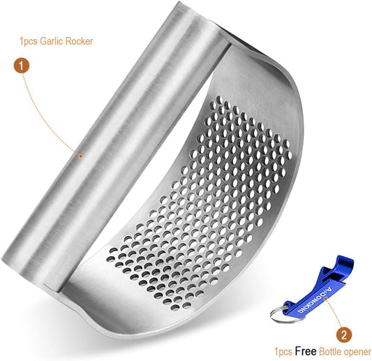 Stainless Steel Garlic Press Rocker, with Bottle Opener | Garlic Crusher Squeezer, with Bottle Opener, Fast Crusher, Easy Clean, Kitchen Tool