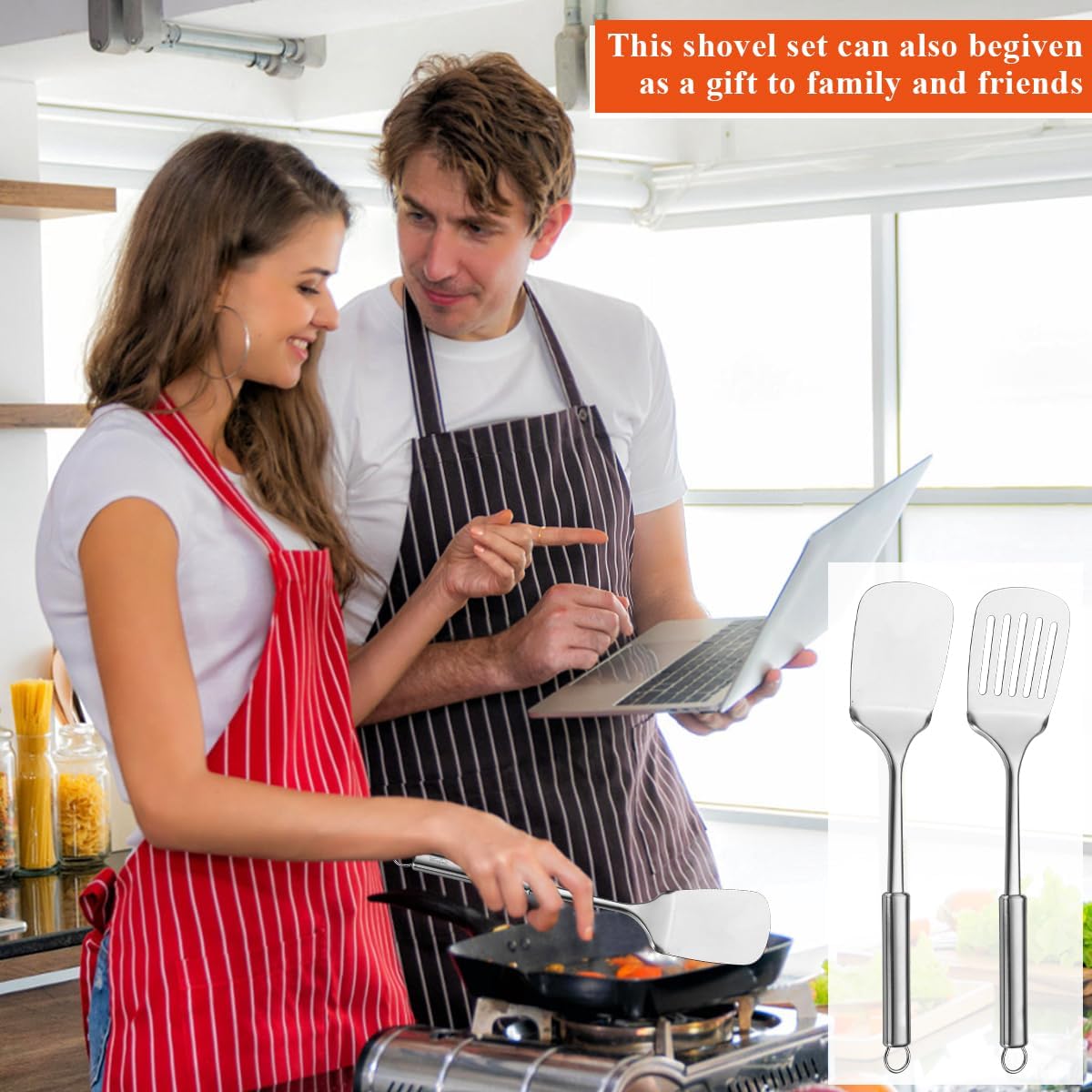 Stainless Steel Spatulas Set, Silver Slotted Turner, Solid Turner, Heavy Duty Sturdy Kitchen Spatula High Heat Resistant, Ideal Cookware for Fish,Eggs,Pancakes, Dishwasher Safe, Easy to Clean