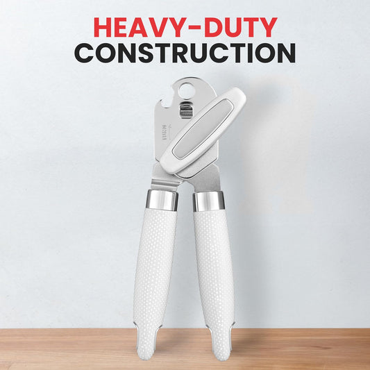 Heavy Duty Stainless Steel Can Opener Manual with Large Bottle Opener - Manual Can Opener with Turn Knob with Soft Grip Handles - White