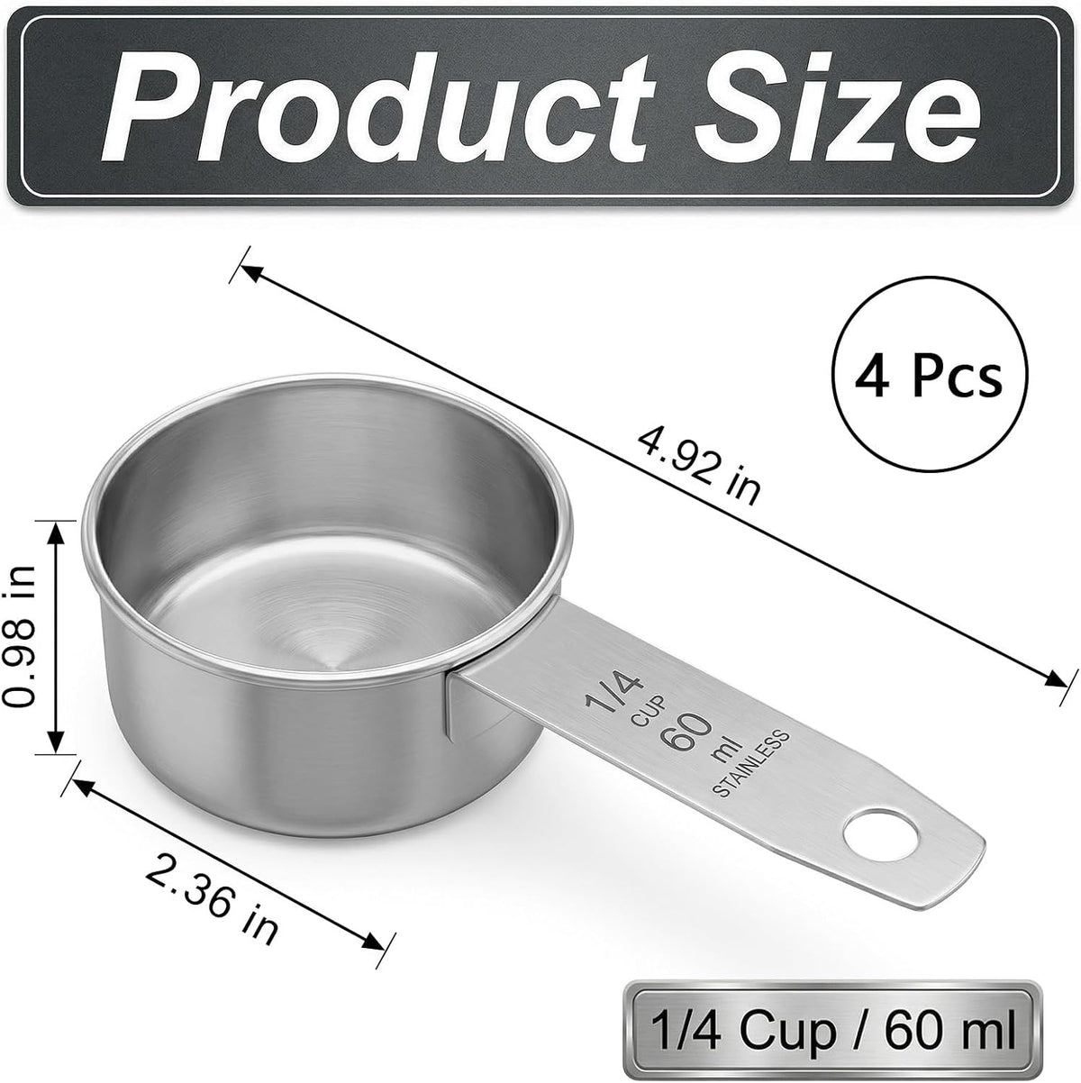 1 Cup Stainless Steel Measuring Cup, 250 ml Cooking Measure Scoop, 1 Cup Measure Cup Tablespoon with Handle for Dry and Wet Food, 250 ml Metal Coffee Scoop for Cooking Drinking Baking