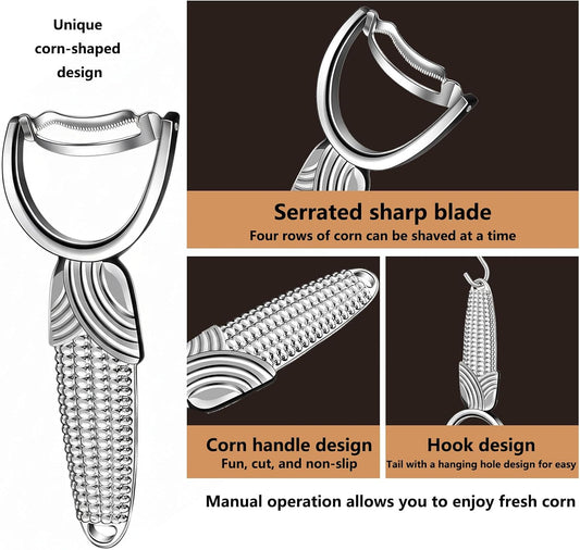 Corn Peeler for Corn on the Cob, Silver | Stainless Steel, Ergonomic Anti-Slip Handle, Sharp Corn Kernel Remover & Cutter, For Kitchen, Salads, BBQ & Fresh Corn Prep