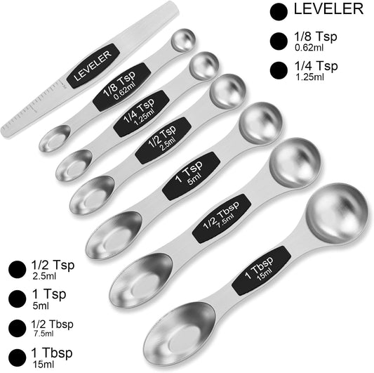 Magnetic Measuring Spoons Set - Stainless Steel Double Sided Measuring Spoons Set of 7 Black, for Dry & Liquid Ingredients, Including 6 Heavy Duty Nesting Spoons, 1 Leveler, Fits in Spice Jar