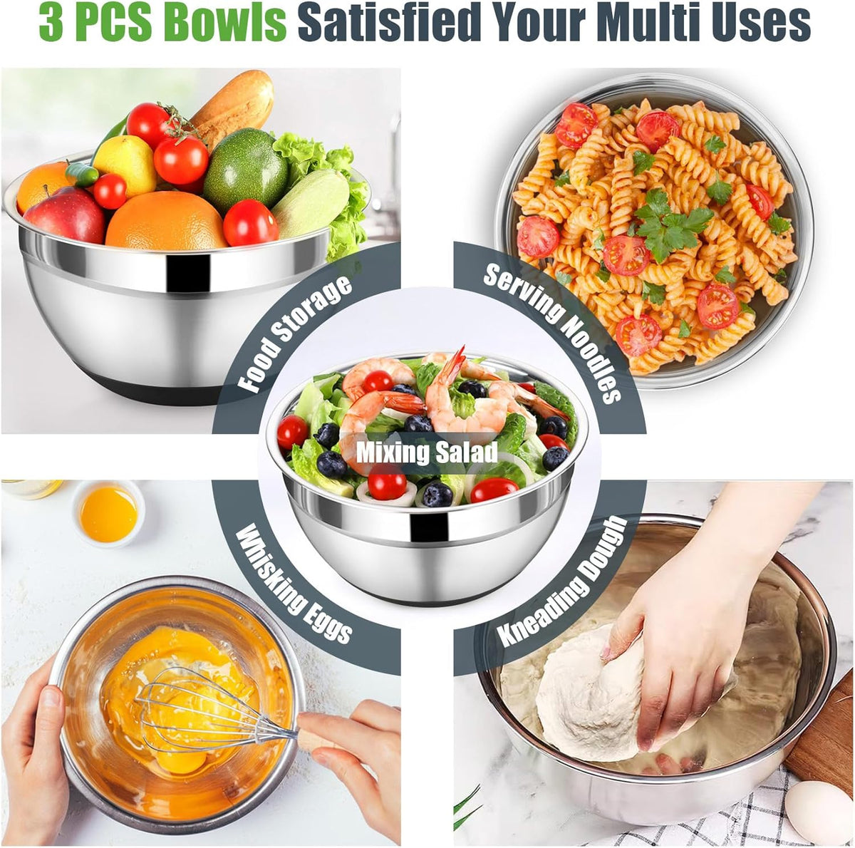 Mixing Bowl with Lid Set of 3, Stainless Steel Salad Bowls, Khaki