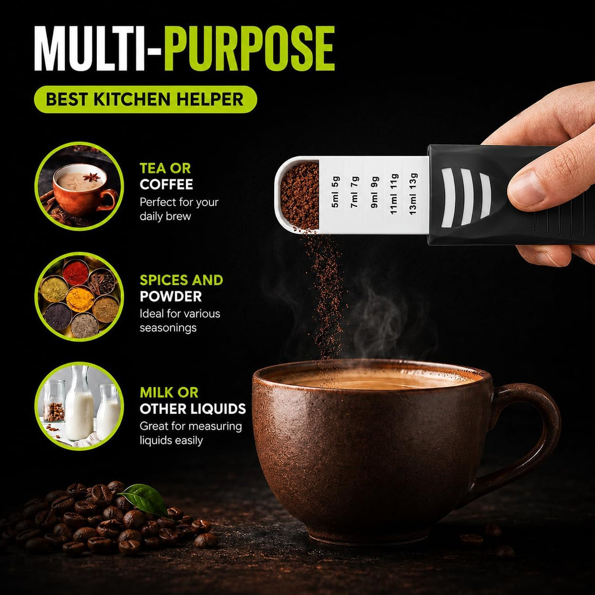 Adjustable Measuring Spoon, Double Ended, 9-in-1, Black