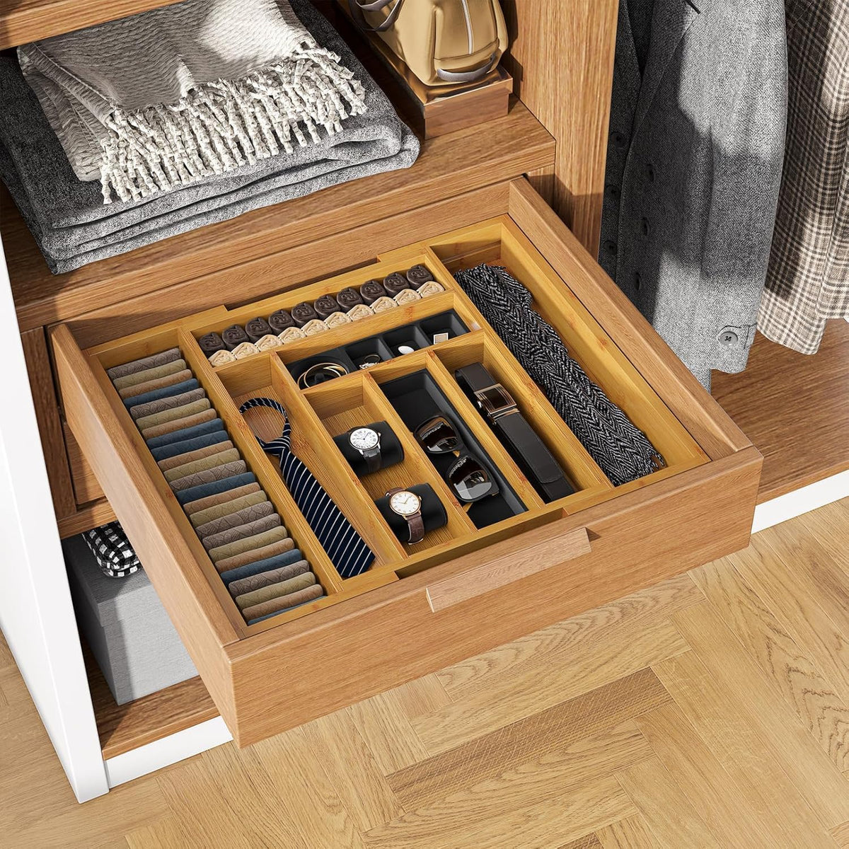 Bamboo Expandable Silverware Drawer Organizer, Adjustable Kitchen Utensil Tray for Forks, Spoons and Knives, Wood Storage Cutlery Holder for Bedroom and Living Room