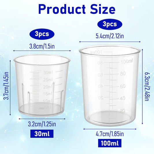 6 Pack Ounce Measuring Cup Set, 1 Oz (30 Ml), 3.4 Oz (100 Ml) Small Plastic Liquid Measuring Cups, Clear Graduated Beakers for Mixing Cooking Baking Kitchen Crafts Lab