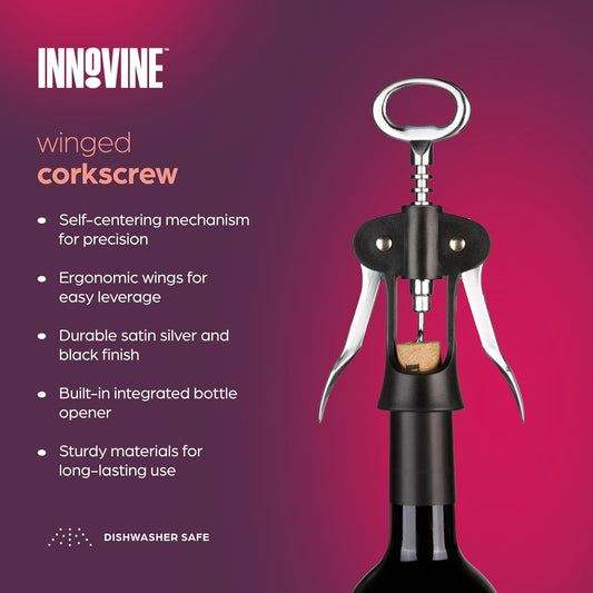 Winged Corkscrew – Self-Centering Wine Bottle Opener with Ergonomic Wing Levers, Satin Silver and Black Finish, Integrated Bottle Opener, and Durable Construction – Set of 1