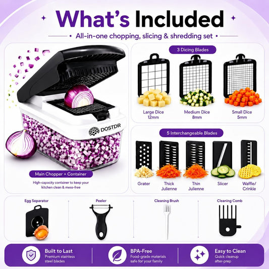 Compact Premium Vegetable Chopper Container Stainless Steel & ABS | Mandoline Slicer Food Chopper with Container Vegetable Cutter Onion Salad Chopper Fruit Slicer Shredding Dicing Easy Cook