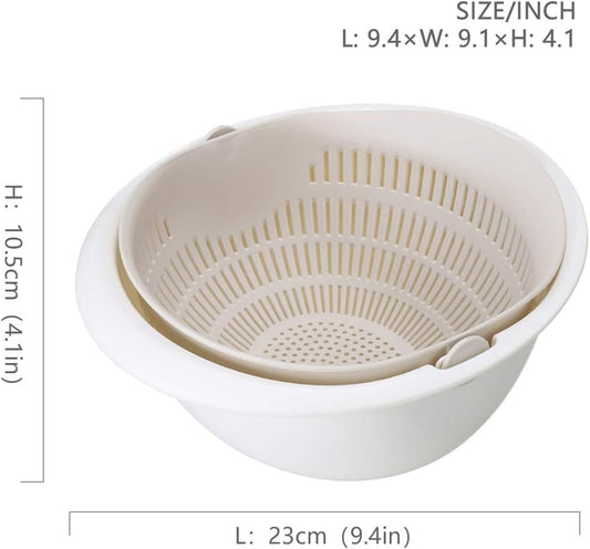 Double Layer Swivel Drainer 2 in 1 Bowl Strainer Combo - Kitchen Colander Fruit Wash Strainer for Cleaning Veggies, Noodles (Beige)