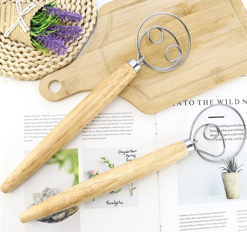 2 Pcs Rustproof Stainless Steel Ring Danish Dough Whisk, Wooden Bread Whisk, 13 inches Dutch Whisk for Cooking, Blending Whisking Stirring Sourdough Cake Pizza Pastry Biscuits Bread