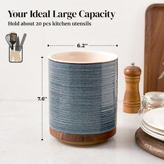 360° Rotating Extra Large Cooking Utensil Holder, 7.6" Kitchen Utensil Holder for Countertop, Utensil Crock for Farmhouse Kitchen Decor, Ceramic Stable Utensil Caddy, Blue