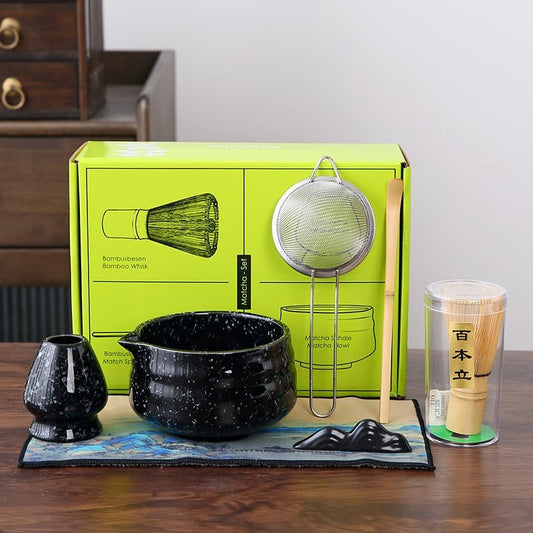 7pcs matcha whisk set Includes Matcha Bowl, Matcha Whisk Holder, Bamboo Matcha Whisk, Scoop and Matcha Sifter, 15 oz Mottled Matcha Kit for Tea Lovers matcha Set