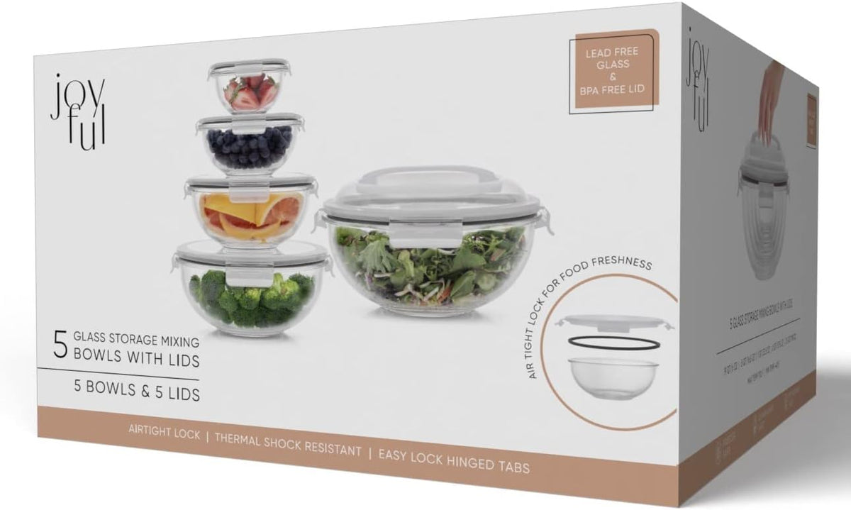 Kitchen Mixing Bowls. 5pc Glass Bowls with Lids Set – Neat Nesting Bowls. Large Mixing Bowl Set incl Batter Bowl, Cooking Bowls, Storage Bowls with Lids and Big Salad Bowl with BPA-Free Lids