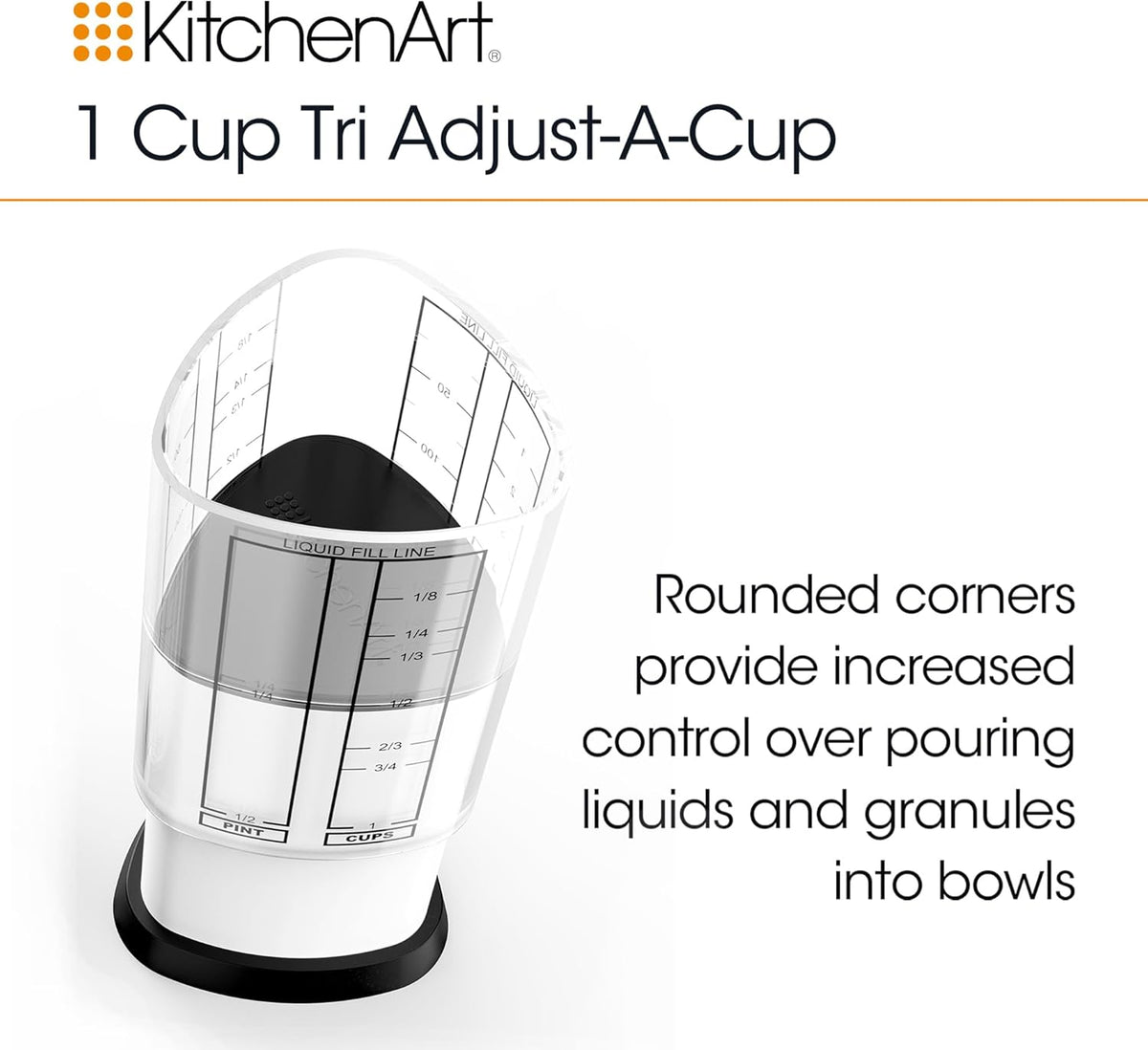 2 Cup Tri Adjust A-Cup, Easy Pour Measuring Cup, 3.25x3.25x6", Black/White