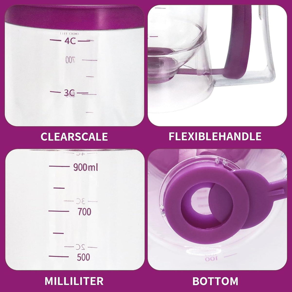 Pancake Batter Dispenser, Kitchen Must Have Tool for Perfect Pancakes, Cupcake, Waffle, Cake & Crepe, Batter Separator Maker with Measuring Label, Easy Pour Baking Supplies for Griddle (Purple)