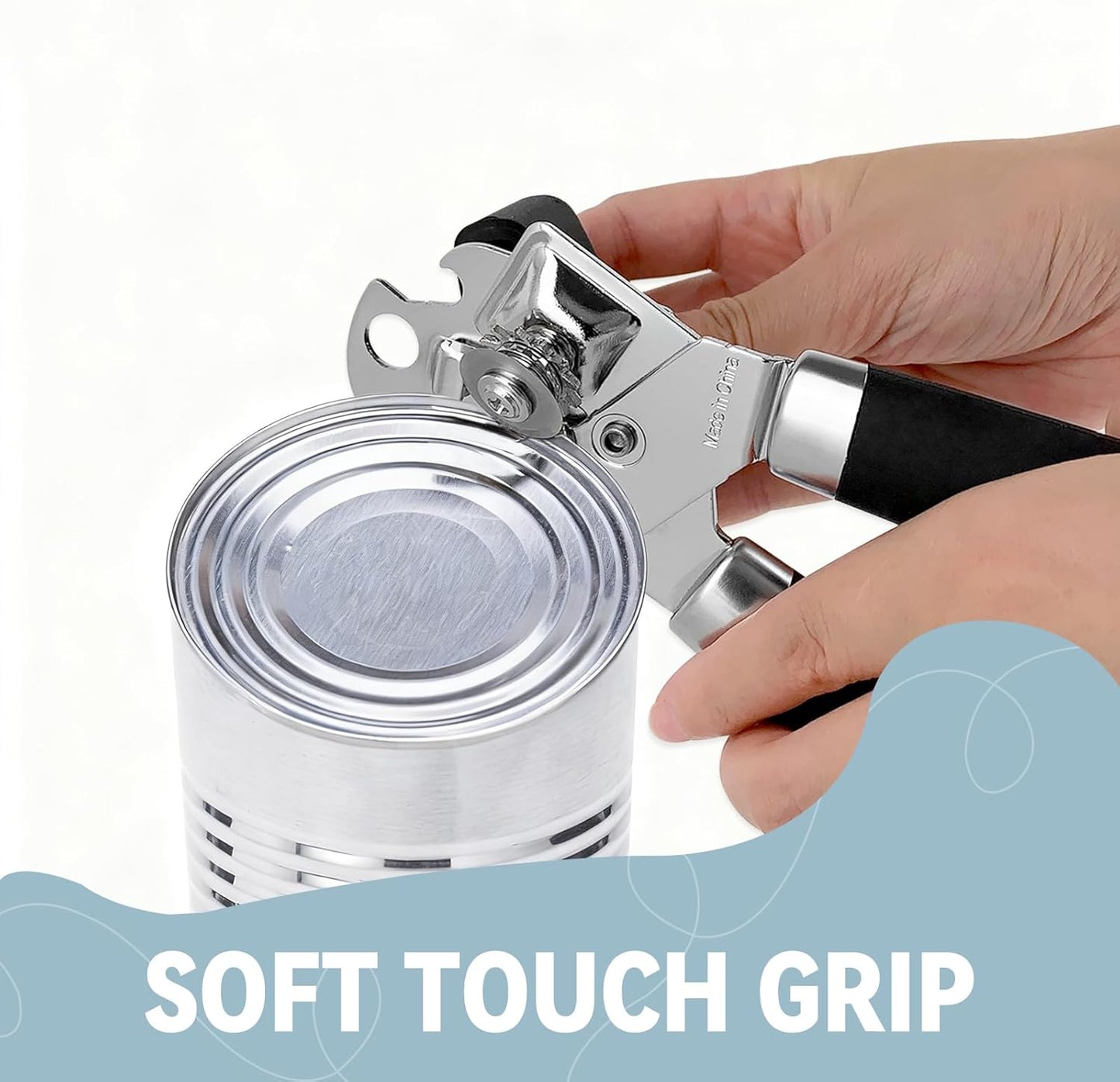 Heavy Duty Stainless Steel Smooth Edge 3-In-1 Multifunctional Manual Strong Can Bottle Opener – Soft-Grip Black