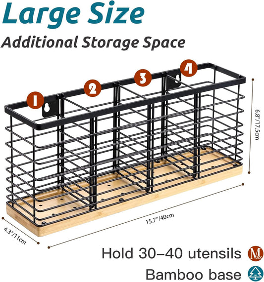 Extra Large Kitchen Utensil Holder Countertop with Removable Divider | Counter&Wall Mounted,Hold 40 Utensils,Cooking Counter Organizer Caddy for Spatula,Spoon,Wooden Base,Farmhouse,Metal,Black