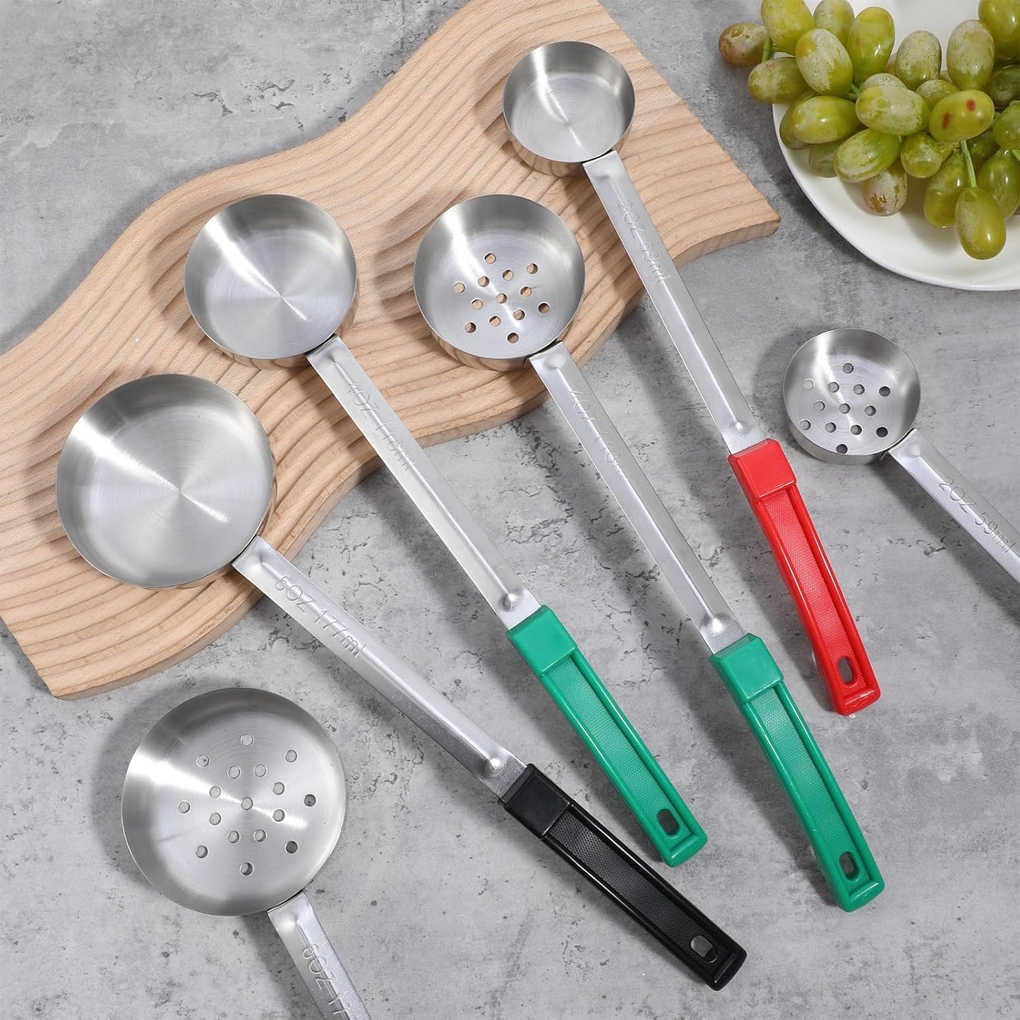 6Pcs Portion Control Serving Spoons, Portion Scoops Cups Solid and Slotted Stainless Steel Ladle Spoon for Food, Measuring Serving Utensils for Restaurants (6OZ, 4OZ, 2OZ)