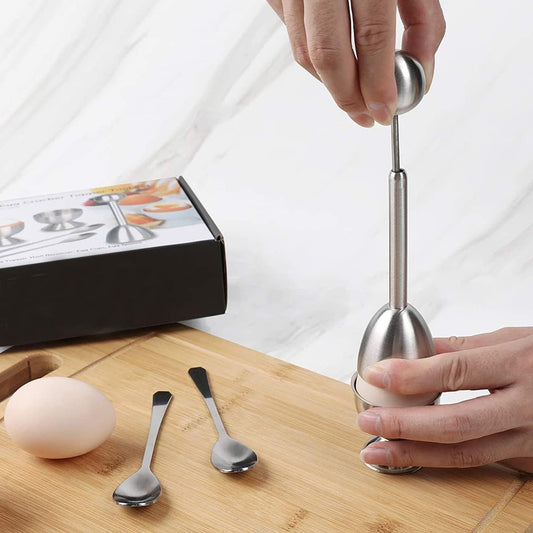 Egg Cracker Topper Set of 5 - Includes 2 Egg Cups, 2 Spoons and 1 Cutter - Stainless Steel Easy Egg Opener