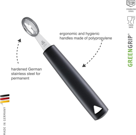 Oval Melon Baller - Stainless Steel Scoop for Fruits, Vegetables, Butter & More - Comfortable, GreenGrip Handle - Dishwasher Safe - Made in Germany