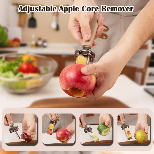2PCS Apple Corer, Adjustable Fruit & Vegetable Corer and Pitter, Multi-Size (0.23in-1.33in) Corer & Seed Remover for Pears, Cherry, Jujube, Jalapeno, Peppers, Stainless Steel Pitter Remover