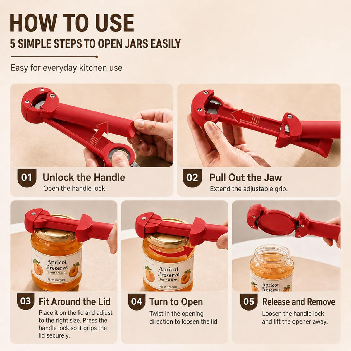 3 in 1 Adjustable Jar Opener for Tight Lids, Retractable Stainless Steel Grip Teeth, Bottle Cap & Pop Tab Opener, Easy Grip Kitchen Lid Remover Tool