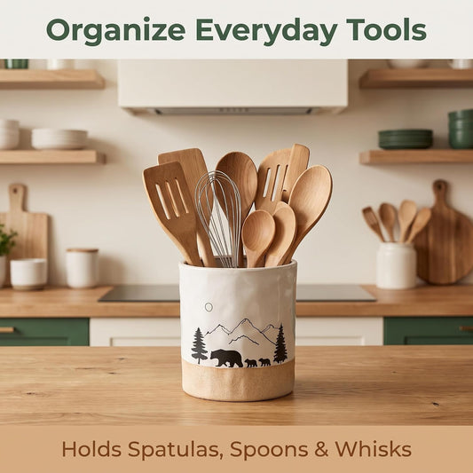 Ceramic Utensil Holder Nature Bear Design for Countertop utensil Crock | Ceramic utensil holder with a mountain and bear design keeps cooking tools organized while enhancing rustic kitchen décor.