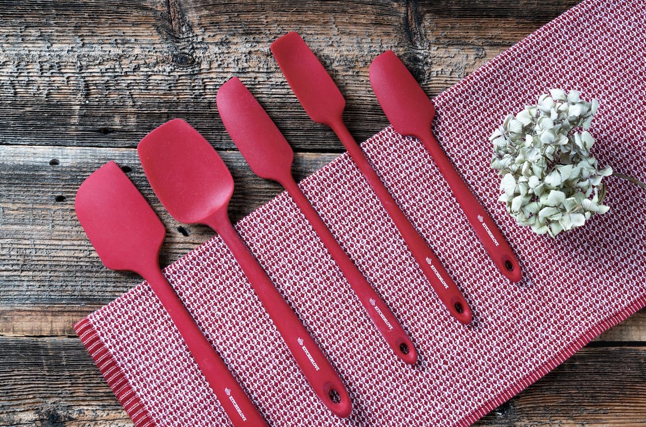 Premium 600°F Heat Resistant 5 Piece Silicone Spatula Set for Baking, Cooking, Mixing - Non-Stick with High Grade S-Iron Steel Core - One Piece Seamless Design - BPA Free (Black)