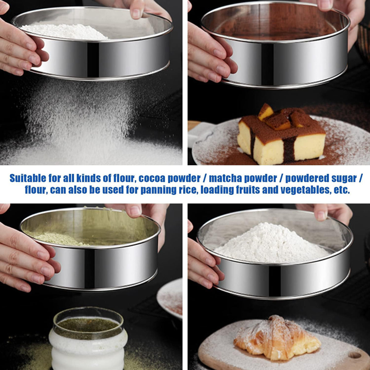 6 Pieces Stainless Steel Flour Sifter, Round Flour Sifter 40 Mesh, Premium Rustproof Flour Sieve Fine Mesh for Baking Cake Bread Pies Pastries Cupcakes(Different sizes)