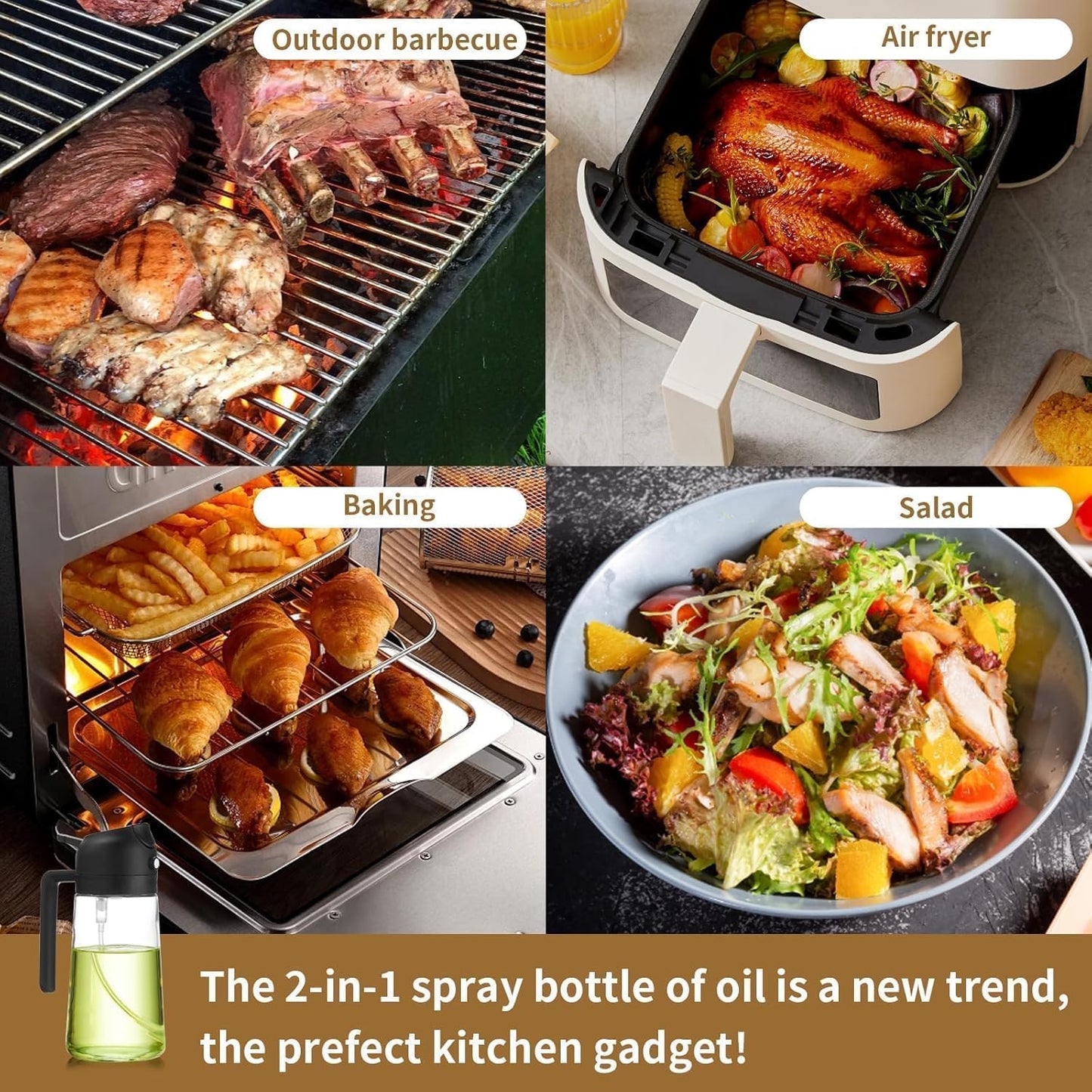 16oz/470ml Glass Olive Oil Sprayer for Cooking - 2 in 1 Olive Oil Dispenser for Kitchen Gadgets, Air Fryer, Salad, and BBQ (black)
