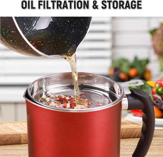 Stainless Steel Oil Filter Pot Can, 44 fl oz Large Capacity Grease Container Storage Pot Dispenser with Strainer & Lid for Storing/Filter/Separator Frying Oil and Cooking Grease (Silver)