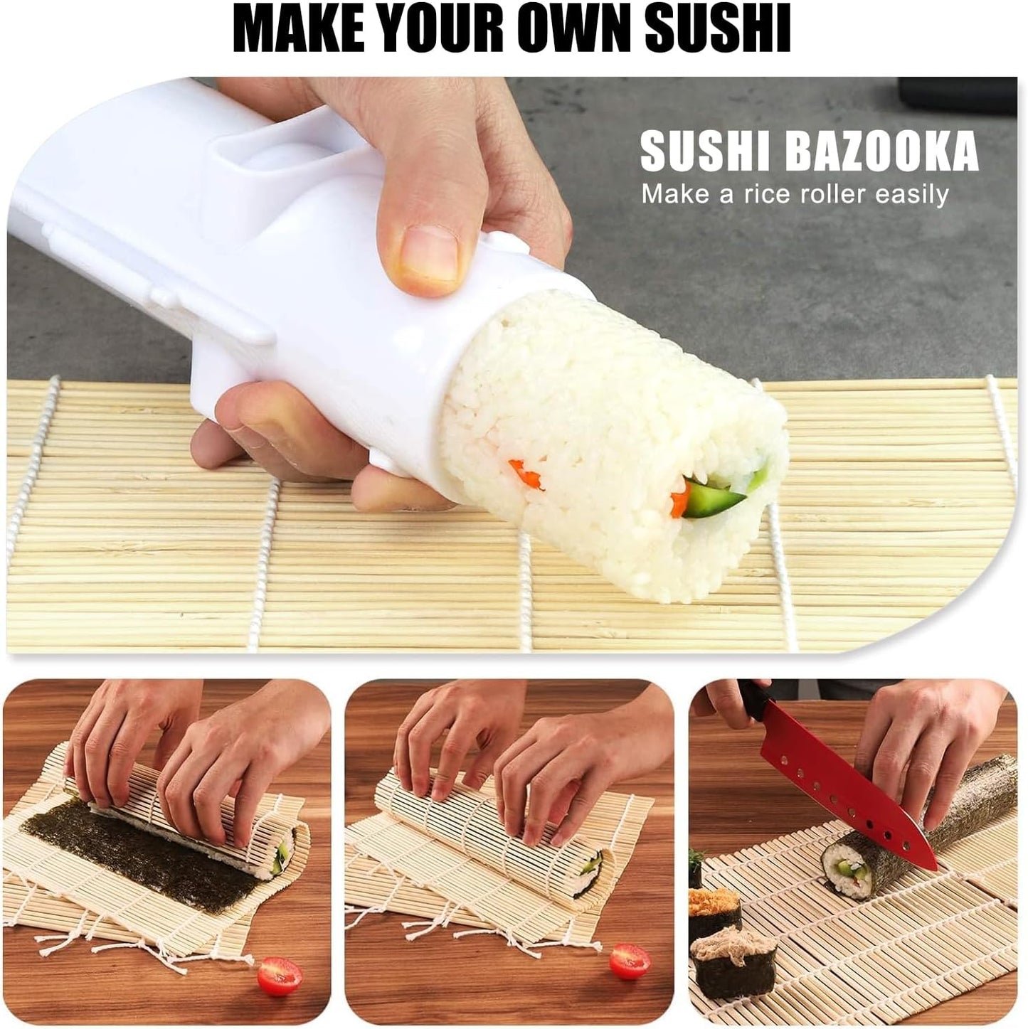 Sushi Making Kit, 22 in 1 Sushi Roller Sushi Maker Kit with Bamboo Sushi Rolling Mats, Bazooka, Chef's Knife, Chopsticks, Sauce Dishes, Rice Spreader, Avocado Slicer, Guide Book