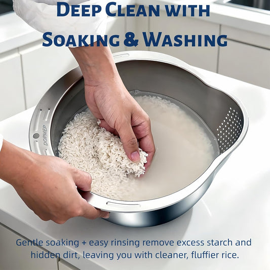 DOPMEP Rice Washer Strainer Bowl Stainless Steel Colander with Side Drainer | Ideal for Soaking, Washing, Cleaning, and Rinsing Rice, Fruits, Vegetables & Beans, Versatile Kitchen Tool