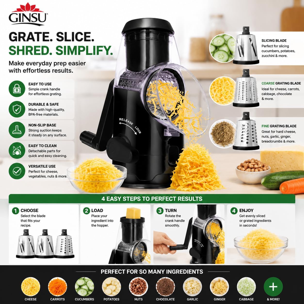 Plastic Rotary Cheese Grater with Handle – 8"x6"x10" Manual Cheese & Vegetable Grater with Easy-Turn Crank, Non-Slip Base, Durable Kitchen Tool for Shredding, Slicing & Grating