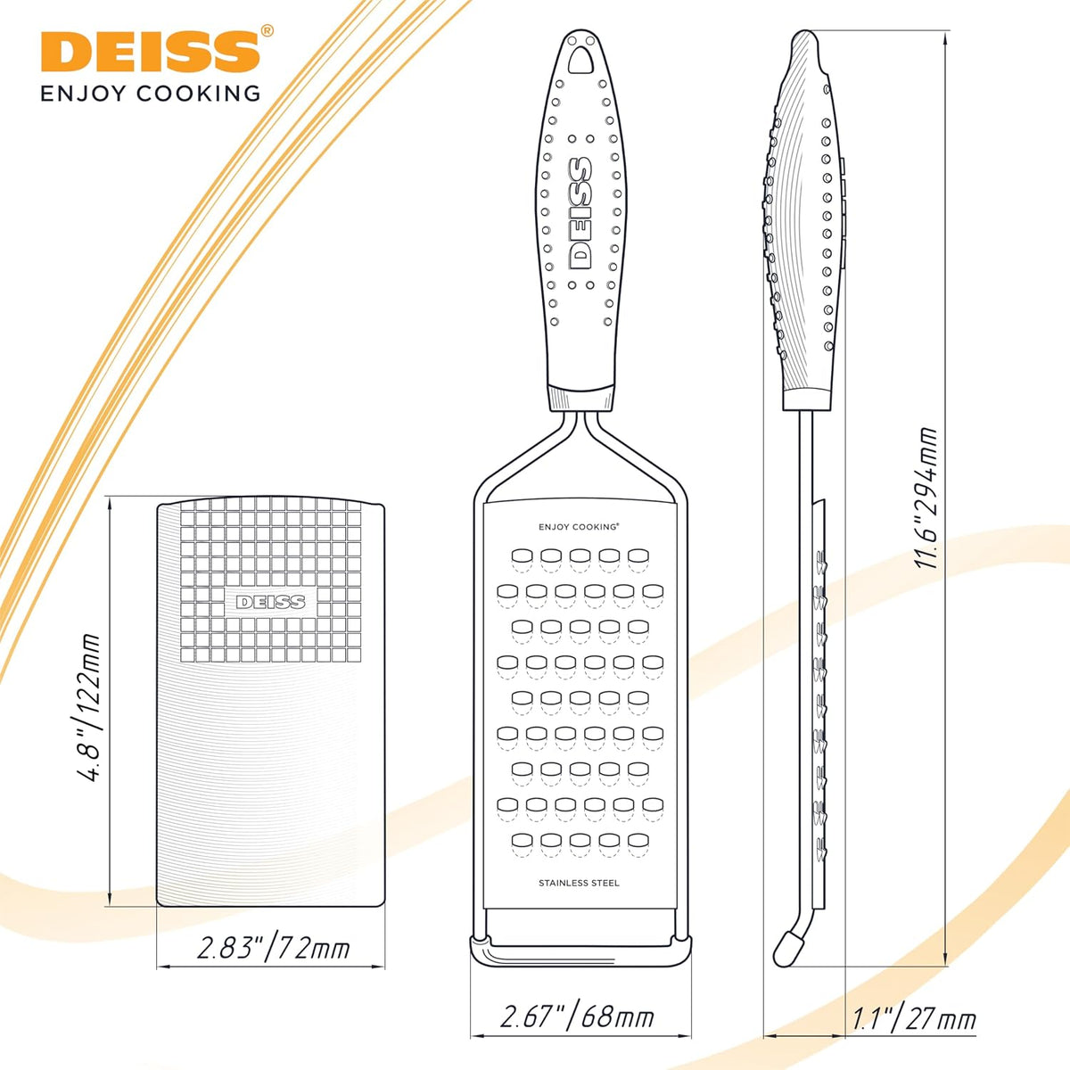 Deiss PRO Coarse Grater & Hand Held Cheese Grater - Sharp Stainless Steel Blades, Non-Slip Handle, Small Cheese Grater for Kitchen, Shredder, Dishwasher Safe