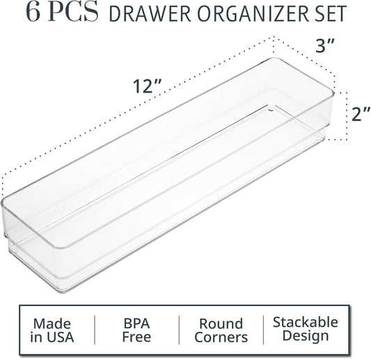 SimpleSort 6-Piece Stackable Clear Drawer Organizer Set | 12" x 3" x 2" Rectangle Trays | Narrow Makeup Vanity Storage Bins and Office Desk Drawer Dividers | Made in USA