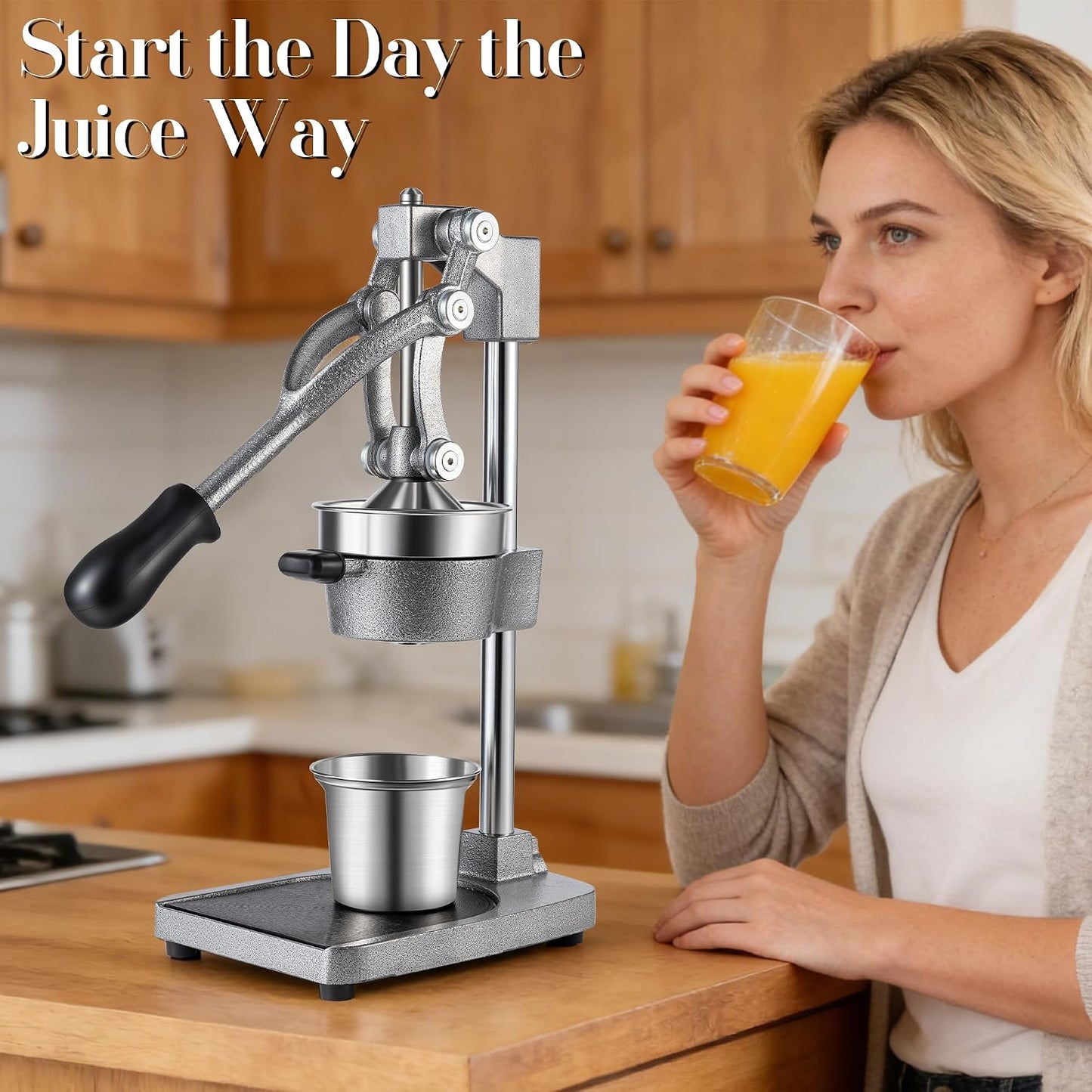 Cast Iron Manual Juicer Hand Press, Lemon Squeezer, Commercial-Grade Citrus Press Suitable for Oranges, Lemons, Limes, and Pomegranates Easy to Clean Includes Stainless Steel Cup, Black