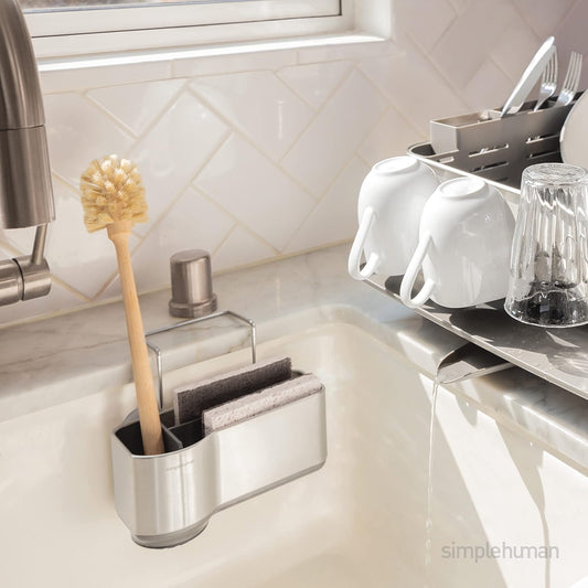 Sink Caddy, Sponge Holder for Kitchen Sink with Compartment Dividers, 4 Suction Cups & Wire Ledge Hanger for Secure Mount, Vented Base for Fast Drying, Brushed Stainless Steel