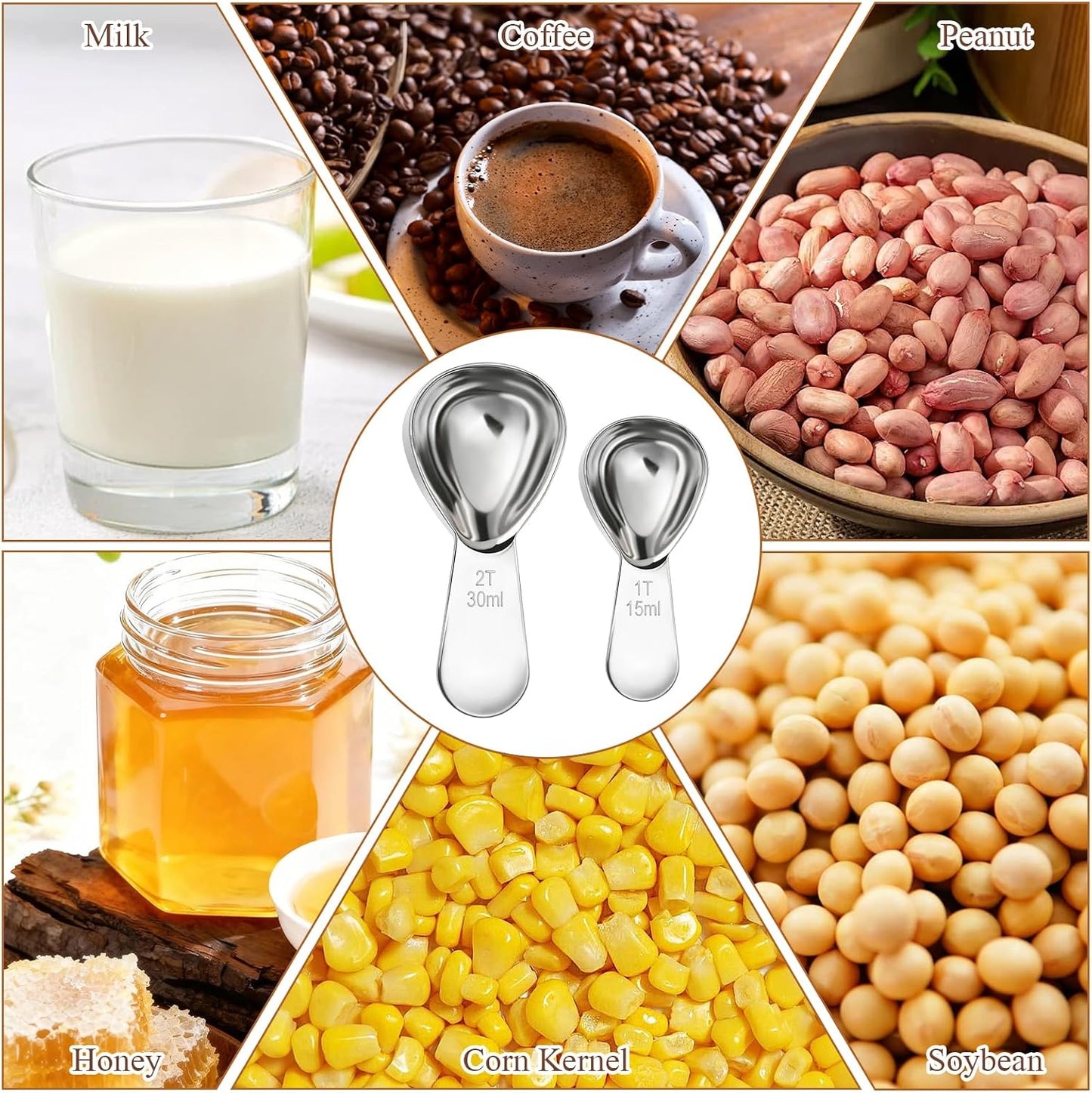 2pcs Stainless Steel Coffee Scoop Set, 1 Tbsp (15ml) & 2 Tbsp (30ml) Measuring Spoons, Short Handle Table Spoon Scoop for Ground Coffee Tea Spices Sugar