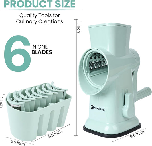 Rotary Cheese Grater with Hand Crank – 6-in-1 Cheese Shredder, 6 Stainless Steel Blades, Reinforced Suction Base, Grater for Cheese, Vegetables, Nuts