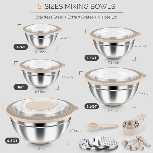 Stainless Steel Mixing Bowls, Khaki | Airtight Clear Lids, 5 Nesting Bowls: 4.6/2.6/1.5/1/0.7 QT, Includes 3 Graters, Non-Slip, For Serving, Prepping, Storing