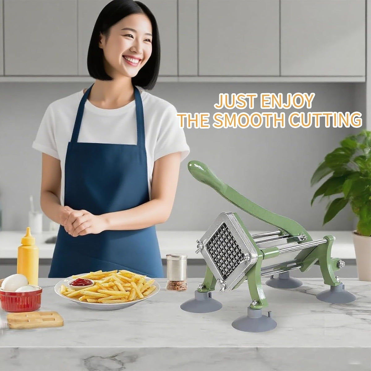 French Fry Cutter, Commercial Potato Slicer with Suction Feet,Great for Potato, French Fries, Cucumber, Vegetables, Carrot (Green- 3/8 Inch Blade)