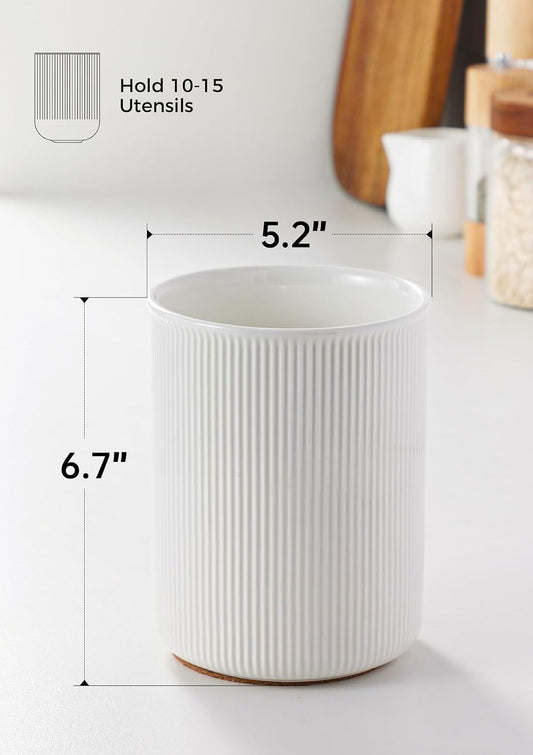 6.7" Utensil Holder, Ceramic Kitchen Utensil Holder with Cork Bottom, Large Utensil Crock for Countertop, Vintage Cooking Tool Organizer Set for Kitchen Counter Decor(White)