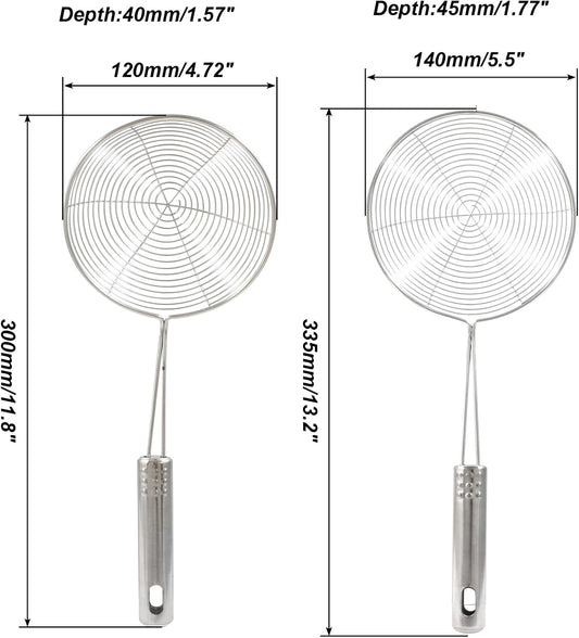 Set of 2 Stainless Steel Spider Strainer Skimmer Pasta Strainer Spoon for Frying and Cooking, Asian Strainer Ladle with Long Handle, 4.7" & 5.5" Dia.
