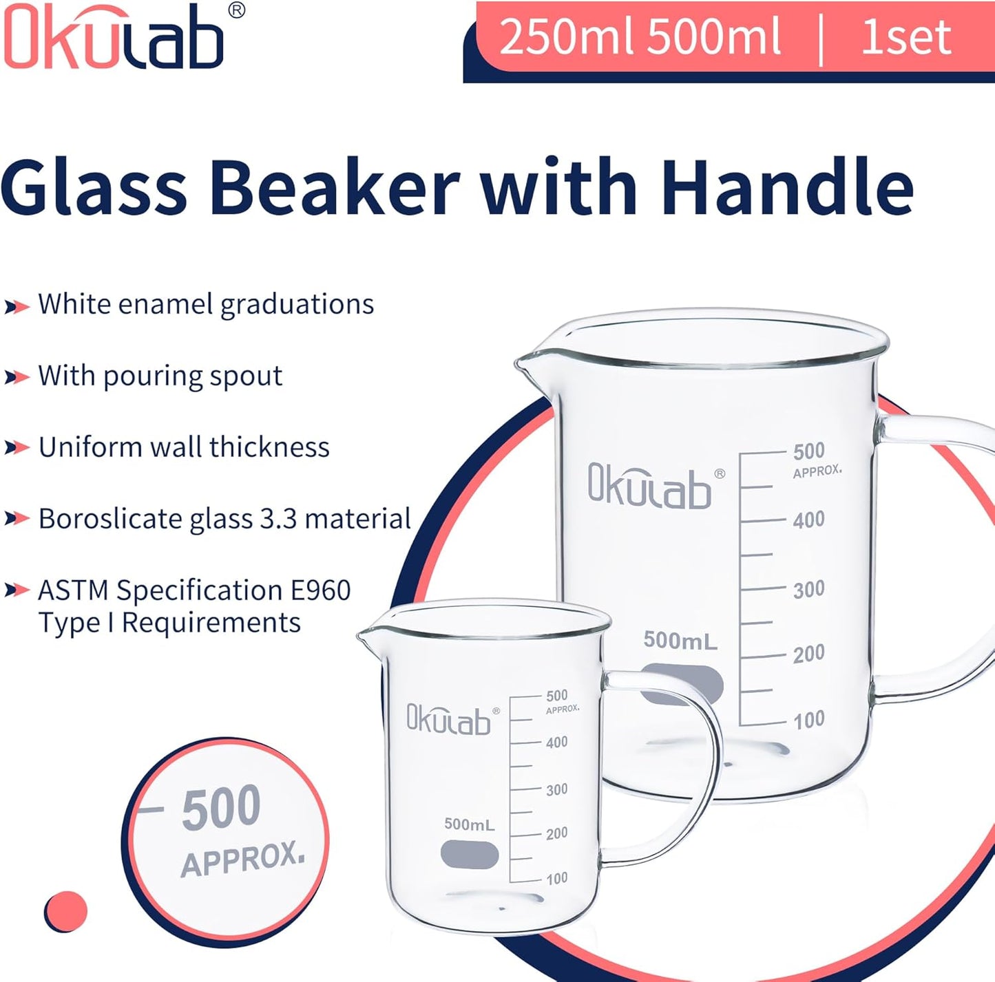 Glass Beakers with Handle, 2 Pcs Vol 600ml 3.3 Borosilicate Glass Beaker Measuring Cups with Spout for Laboratories, Classrooms or Home, Lab Beakers, BKLGH600A2