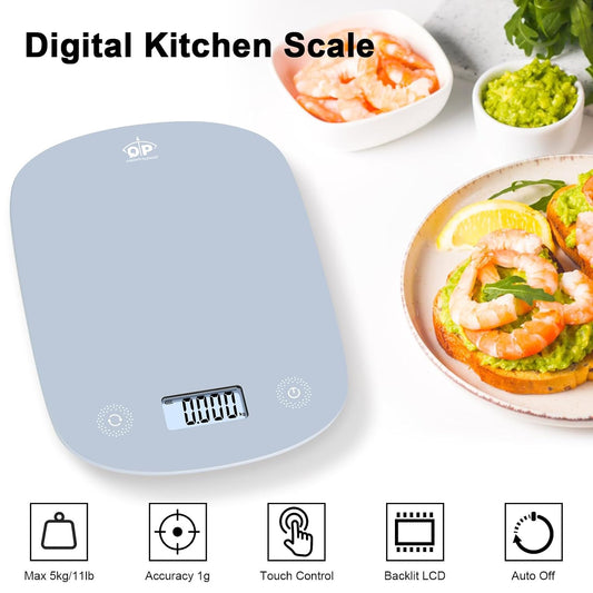 Digital Kitchen Food Scales,11 lb/5 kg,Suitable for Coffee and Cooking | 6 Units,1g High Accuracy,Touch Control,Tare Function, Auto Off,Ultra Slim,With Hook,Blue