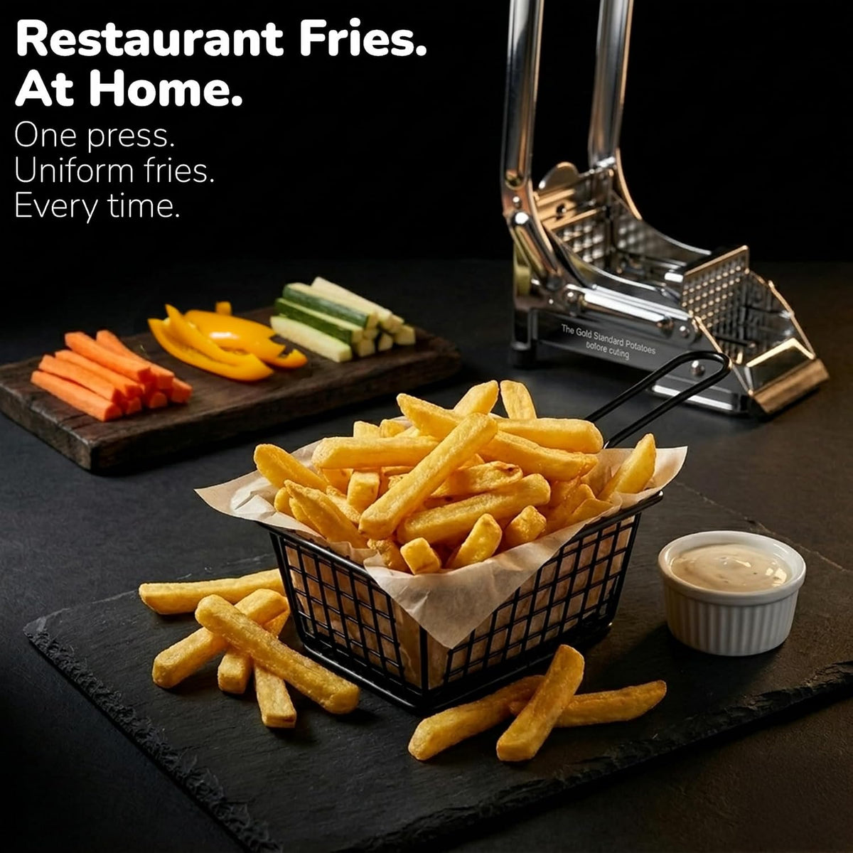 French Fry Cutter, Dishwasher Safe Stainless Steel Potato & Vegetable Slicer, 2 Blade Sizes (1/2" & 3/8"), Suction Base, Lifetime Blade Replacement Warranty, Perfect for Air Fryer & Deep Fryer