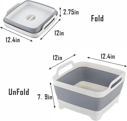Collapsible Dish Basin with Drain Plug, 9L 2.4 Gallon Portable Wash Basin Dishpan Space Saving Dish Washing Tub Foldable Sink Tub Kitchen Storage Tray Grey