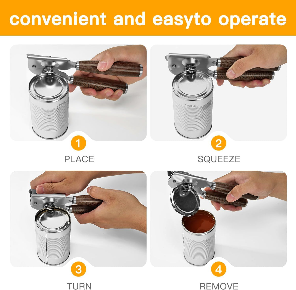 Upgraded Efficient Manual Can Opener - Selected Solid Wood Handle, Sharp and Smooth Blade Edge, Portable Design, Easy-Open Large Knob, Versatile for Various Bottle Caps(Stone grain)